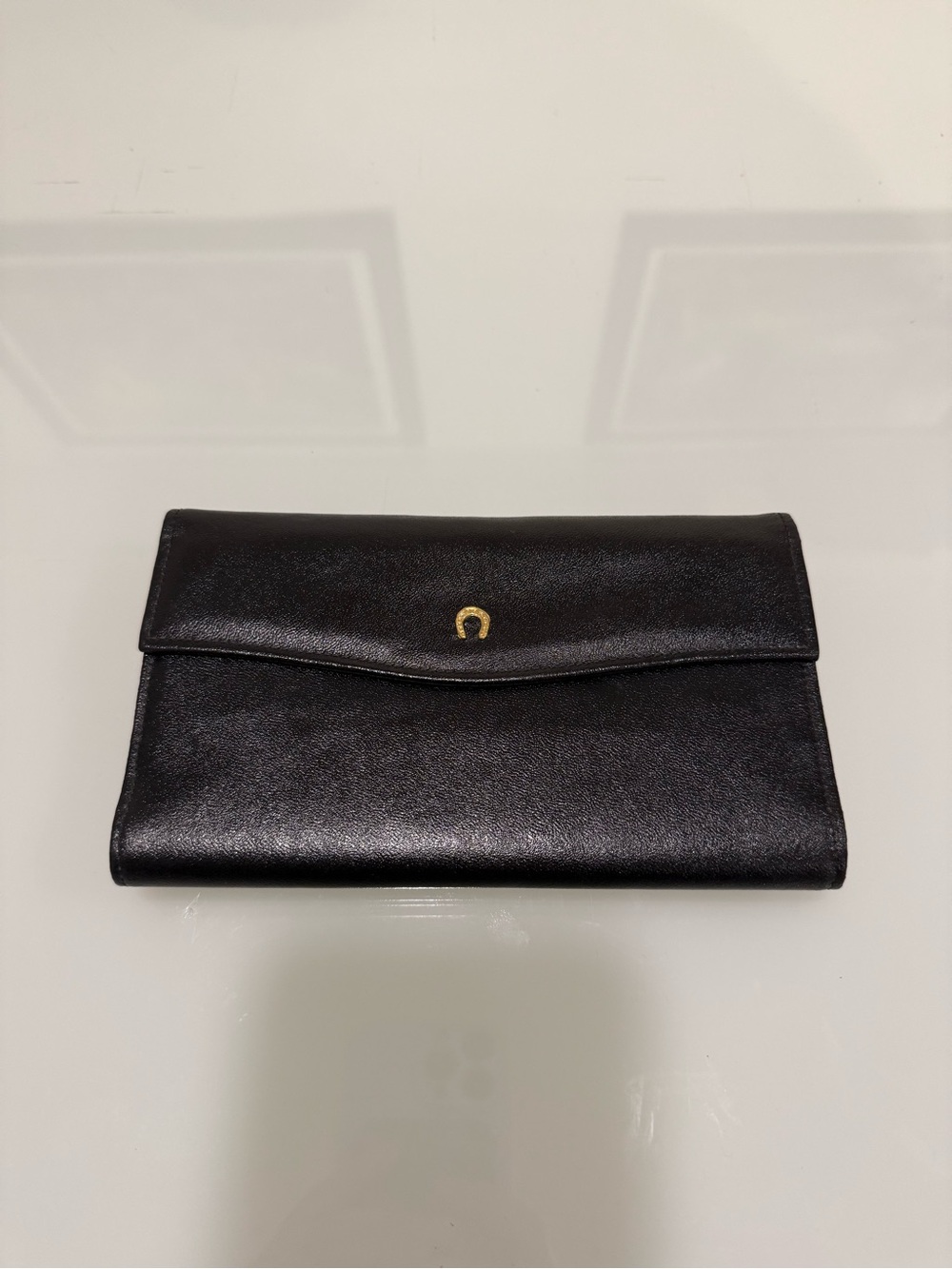 Vintage Winfield Black Leather Checkbook Wallet Kiss Lock Clutch Horseshoe Tag